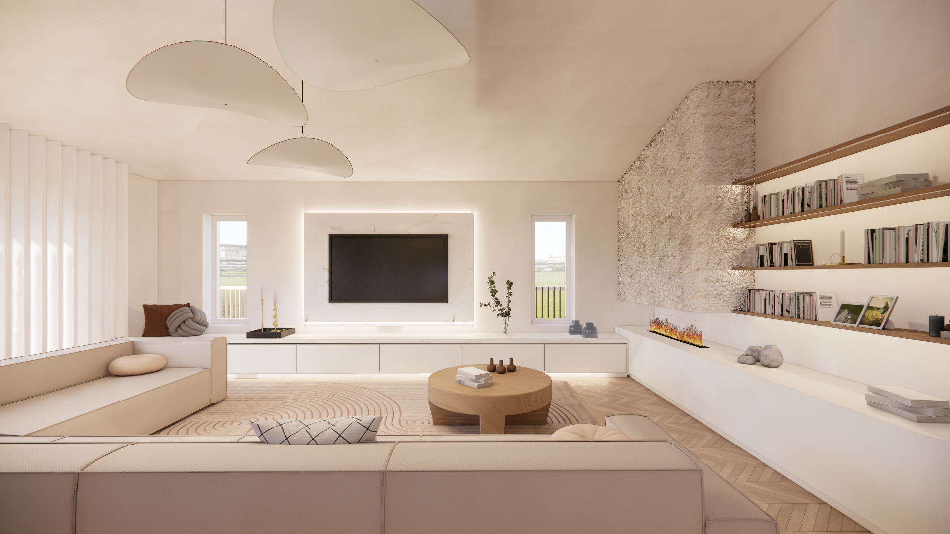 Render grafico home soggiorno , fronte tv e divano