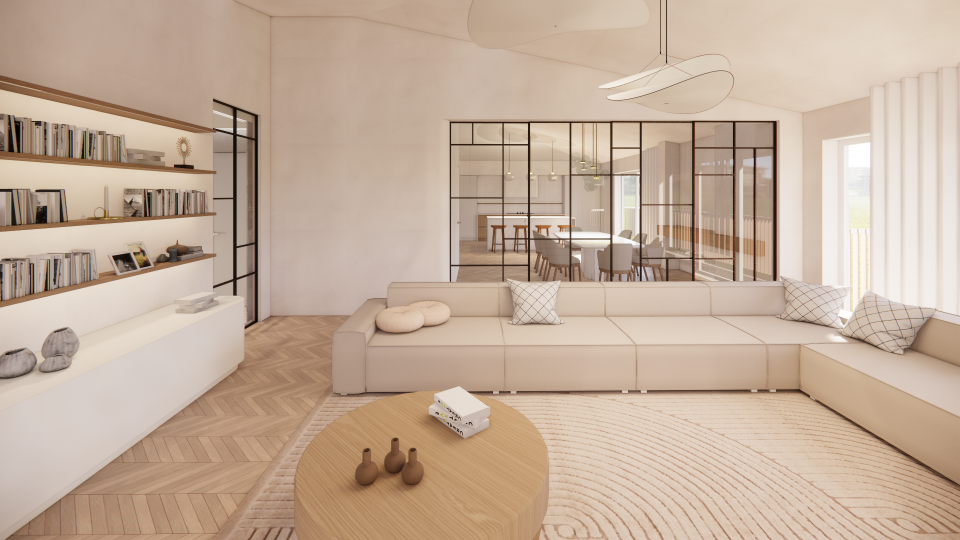 Render grafico soggiorno minimalista con divano grigio e parete decorativa