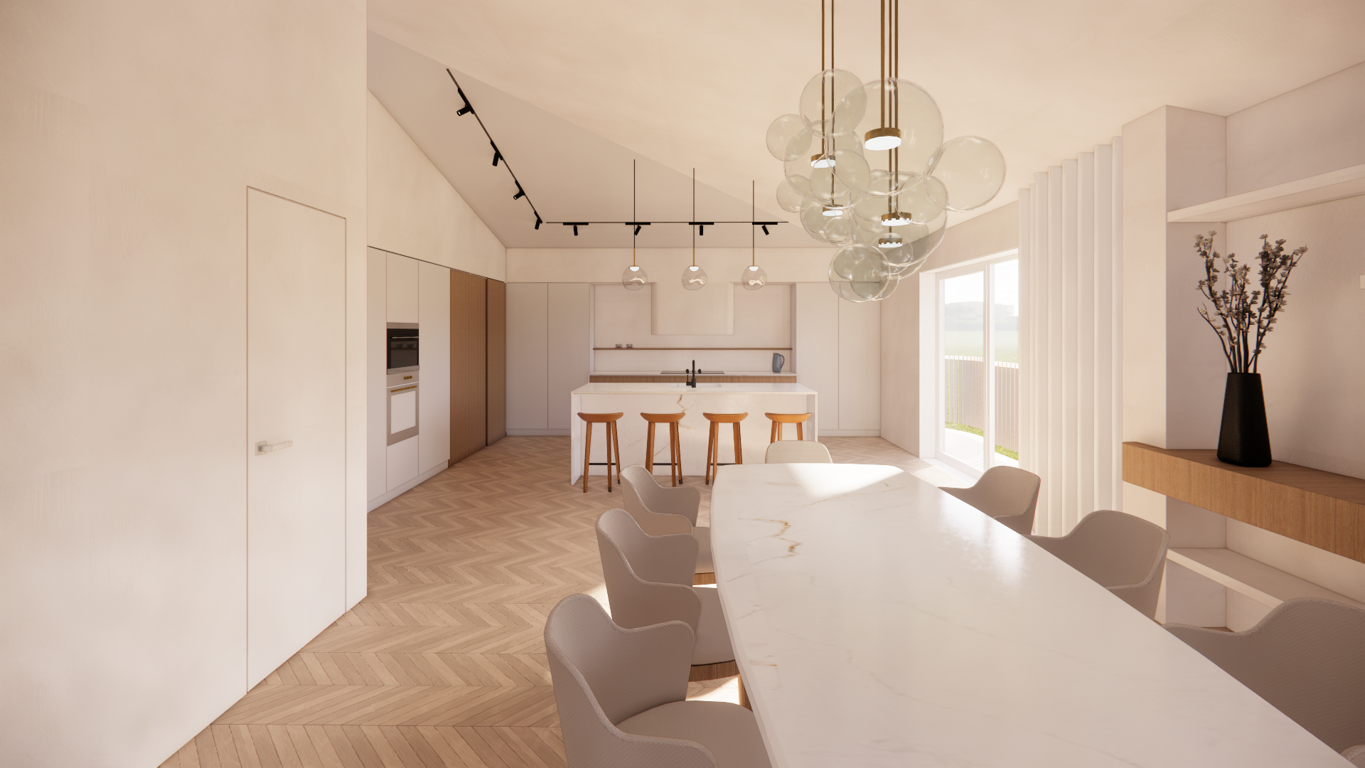 Render grafico cucina open space, piano in marmo e isola centrale