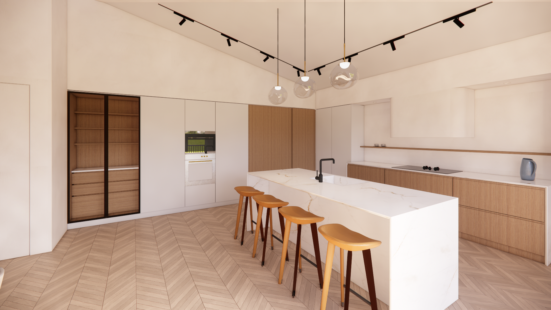 Render grafico cucina open space, piano in marmo e isola centrale
