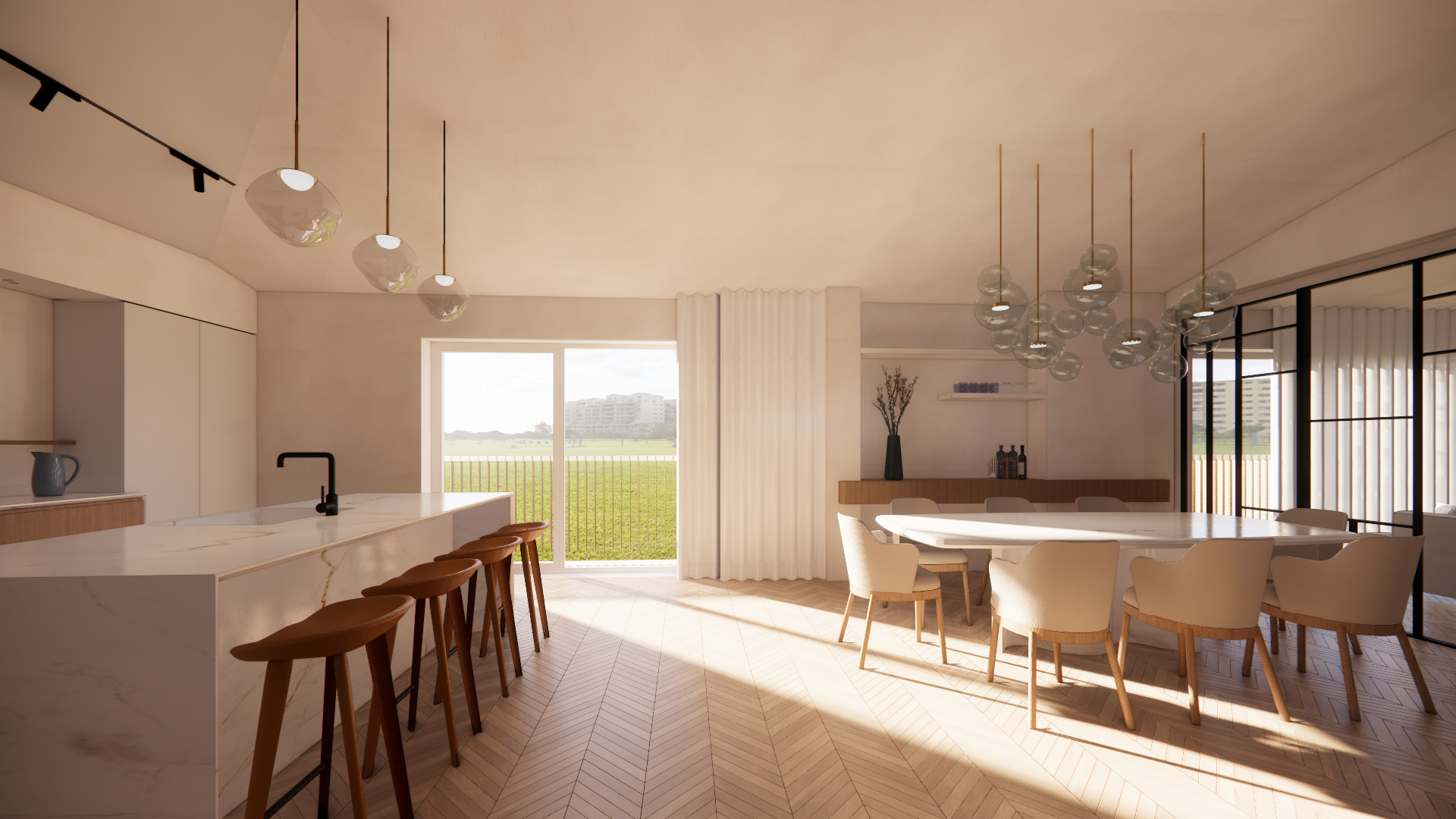 Render grafico cucina open space, piano in marmo e isola centrale