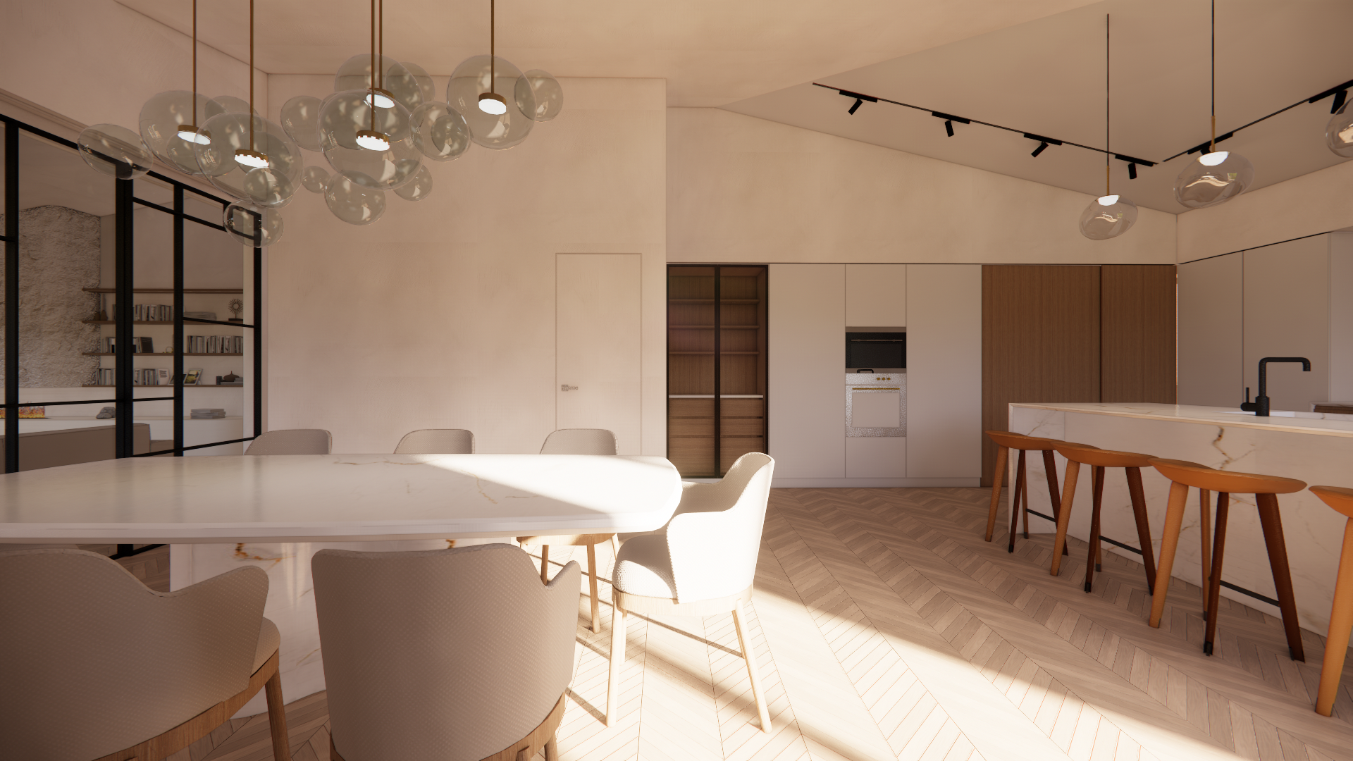 Render grafico cucina open space, piano in marmo e isola centrale